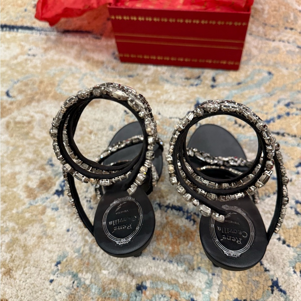 Rene Caovilla Black Jeweled Spiral Wrap Sandals - Picture 9 of 14